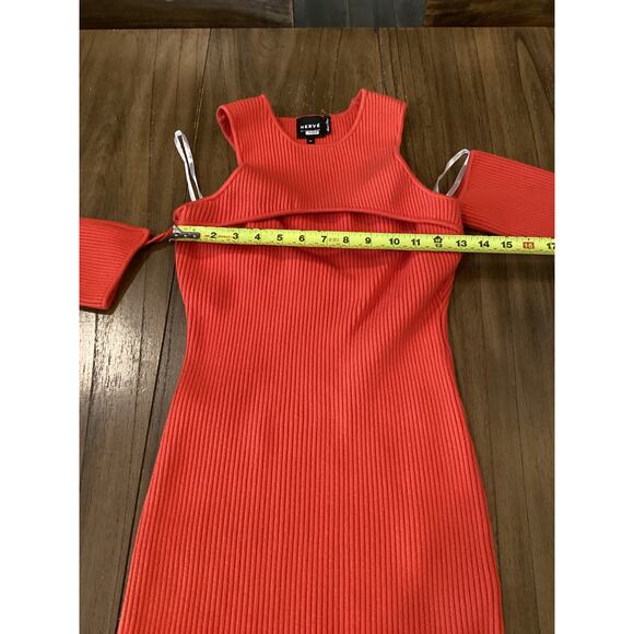 Herve By Herve Leger Orange Ribbed Knit Long Sleeve Cold Shoulder Mini Dress M - Picture 6 of 9